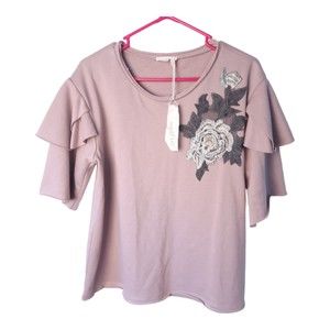 Mystree New Ruffle Sleeve Rose Floral Embroidered Blouse Flower Dusty Rose Pink